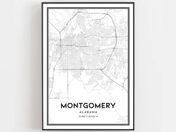 Montgomery Map Print Poster Wall Art Al City Alabama Street Decor Road Gift B549