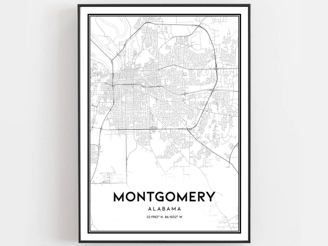 Montgomery Alabama Minimalist Black and White City Map Poster