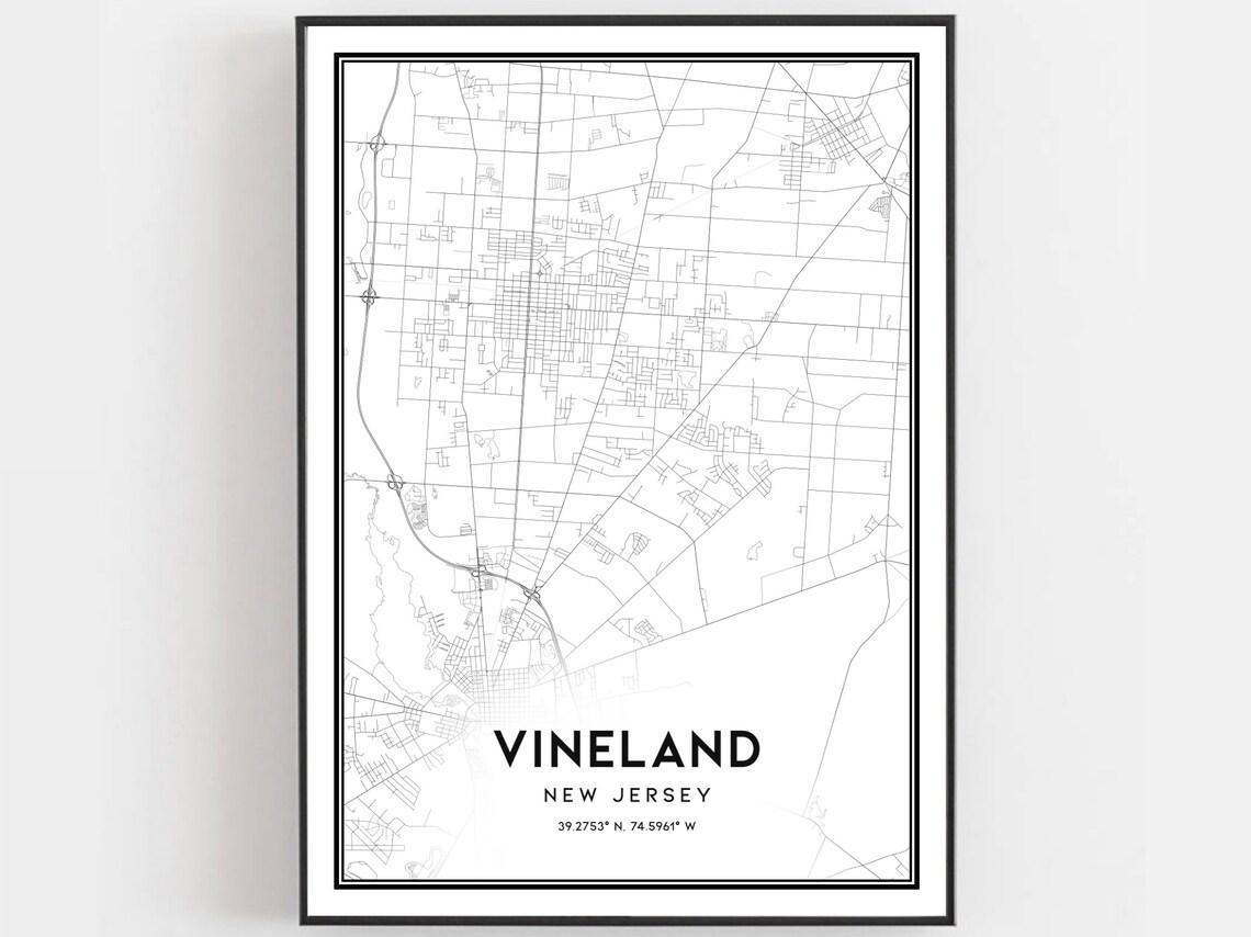Vineland Map Print Poster, New Jersey Street Decor