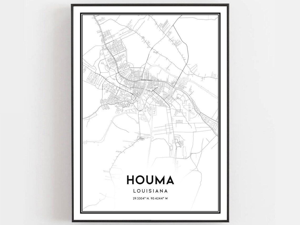 Houma Louisiana Minimalist Black White City Street Map Poster