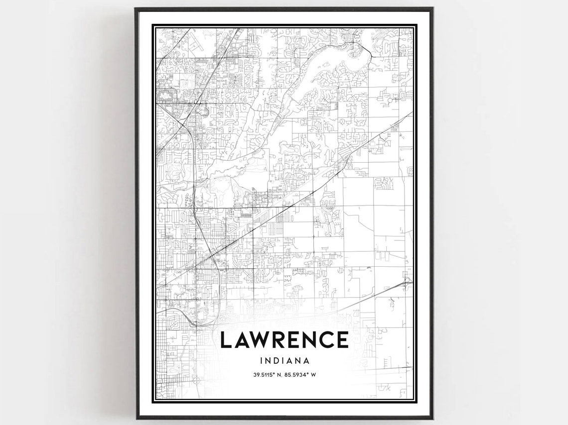 Lawrence Map Print Poster Wall Art In City Indiana Street Decor Road Gift B1437