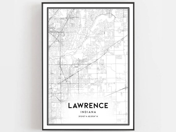 Lawrence Map Print Poster Wall Art In City Indiana Street Decor Road Gift B1437