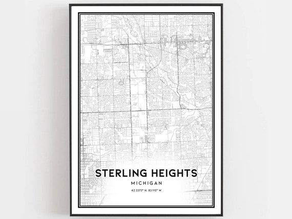 Sterling Heights Map Print Poster Wall Art Mi City Michigan Street Decor Road Gift B757