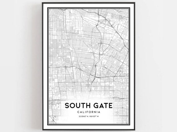 South Gate Map Print Poster Wall Art Ca City Street Decor Road Gift