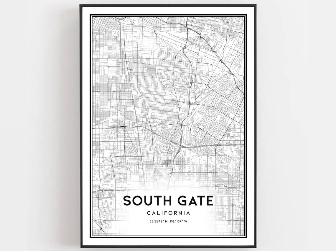 South Gate Map Print Poster Wall Art Ca City Street Decor Road Gift