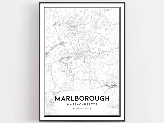 Marlborough Map Print Poster Wall Art Ma City Massachusetts Street Decor Road Gift