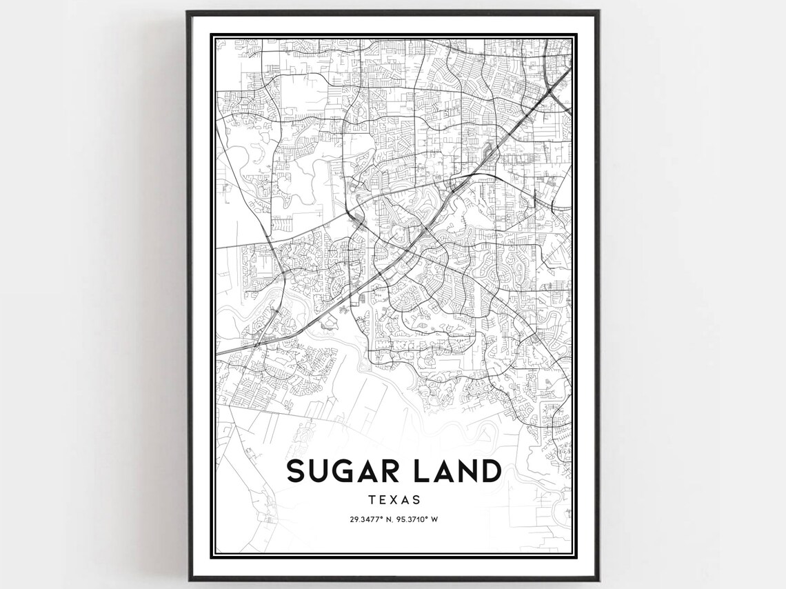 Sugar Land Map Poster Print, Texas City Street Decor