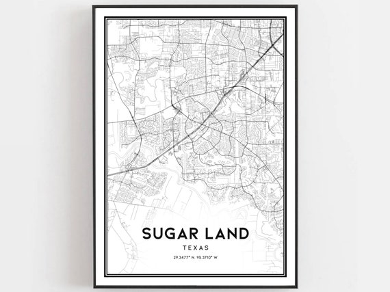 Sugar Land Map Poster Print, Texas City Street Decor