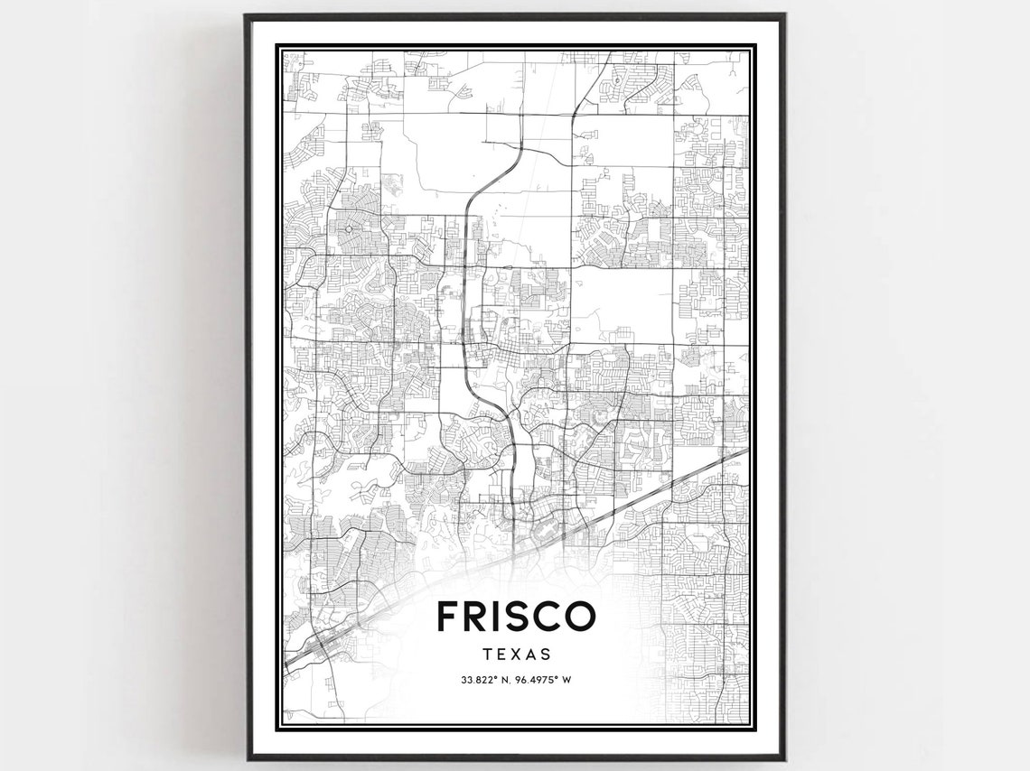 Frisco Texas Black And White City Street Map With Coordinates Poster