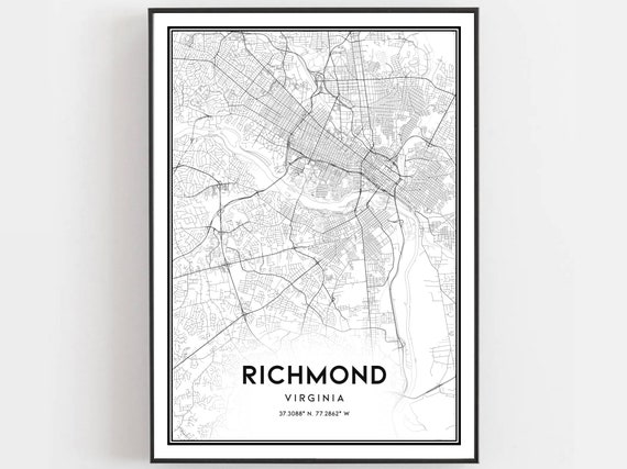 Richmond Map Print Poster Wall Art Va City Virginia Street Decor Road Gift B259