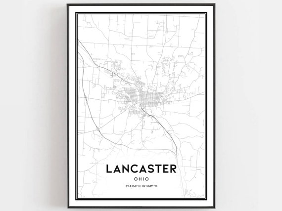 Lancaster Map Print Poster Wall Art Oh City Ohio Street Decor Road Gift