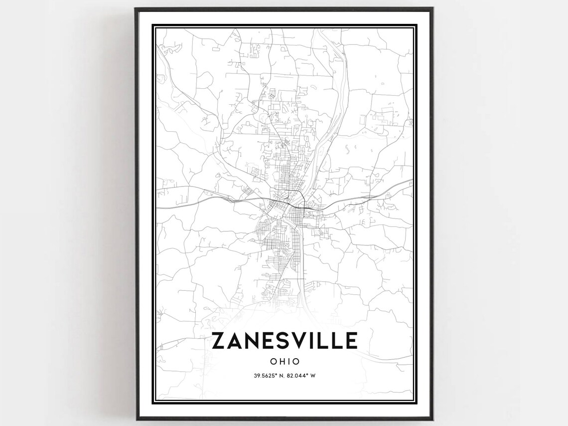 Zanesville Map Print Poster, Ohio Street Decor