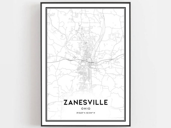 Zanesville Map Print Poster, Ohio Street Decor