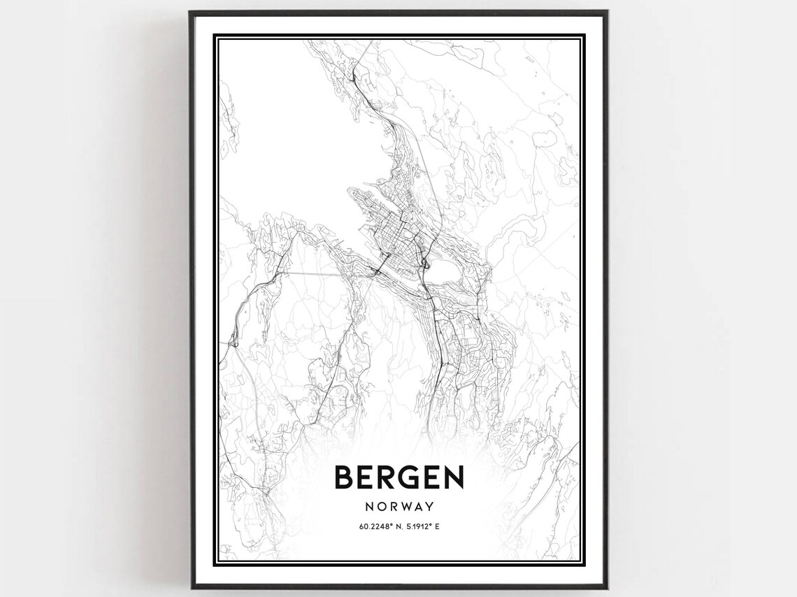 Bergen Norway Minimalist City Street Map Black Line Art Poster