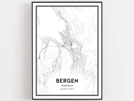 Bergen Map Print Poster Wall Art City Street Decor Road Gift B596