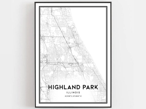 Highland Park Map Print Poster Wall Art Il City Illinois Street Decor Road Gift