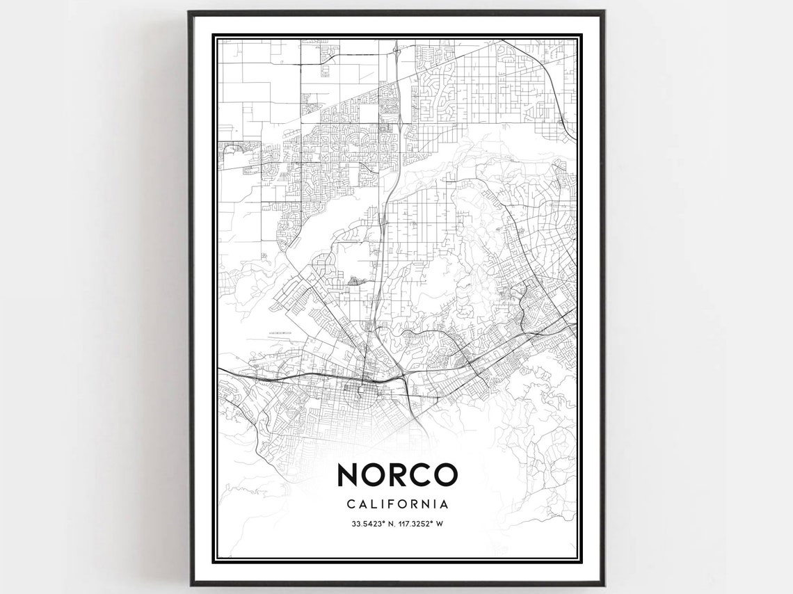 Norco California Minimalist Black and White City Map Wall Art