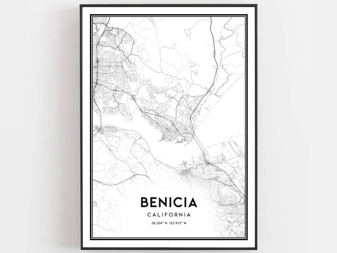 Benicia California Minimalist City Map Poster Black White Street Decor