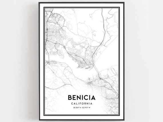 Benicia Map Print Poster Wall Art Ca City Street Decor Road Gift B1983