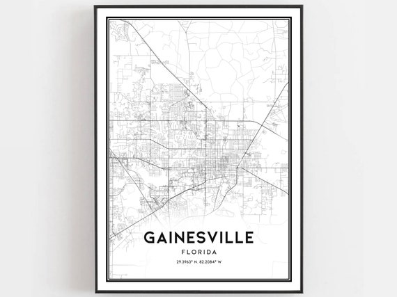 Gainesville Map Print Poster Wall Art Fl City Florida Street Decor Road Gift B617