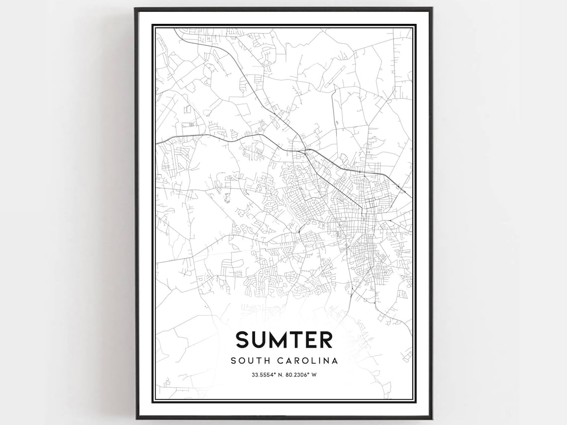 Sumter South Carolina City Street Map Black and White Poster Art