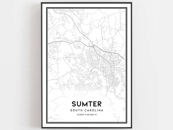 Sumter Map Print Poster Wall Art Sc City South Carolina Street Decor Road Gift B1073
