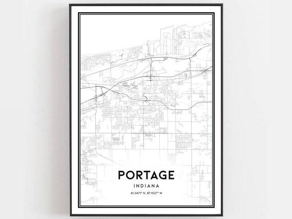 Portage Map Print Poster Wall Art In City Indiana Street Decor Road Gift B1697