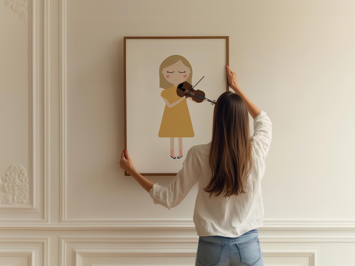 Girl Playing Violin Mustard Dress Kids Music Instrument Nursery Art Poster - Image 2
