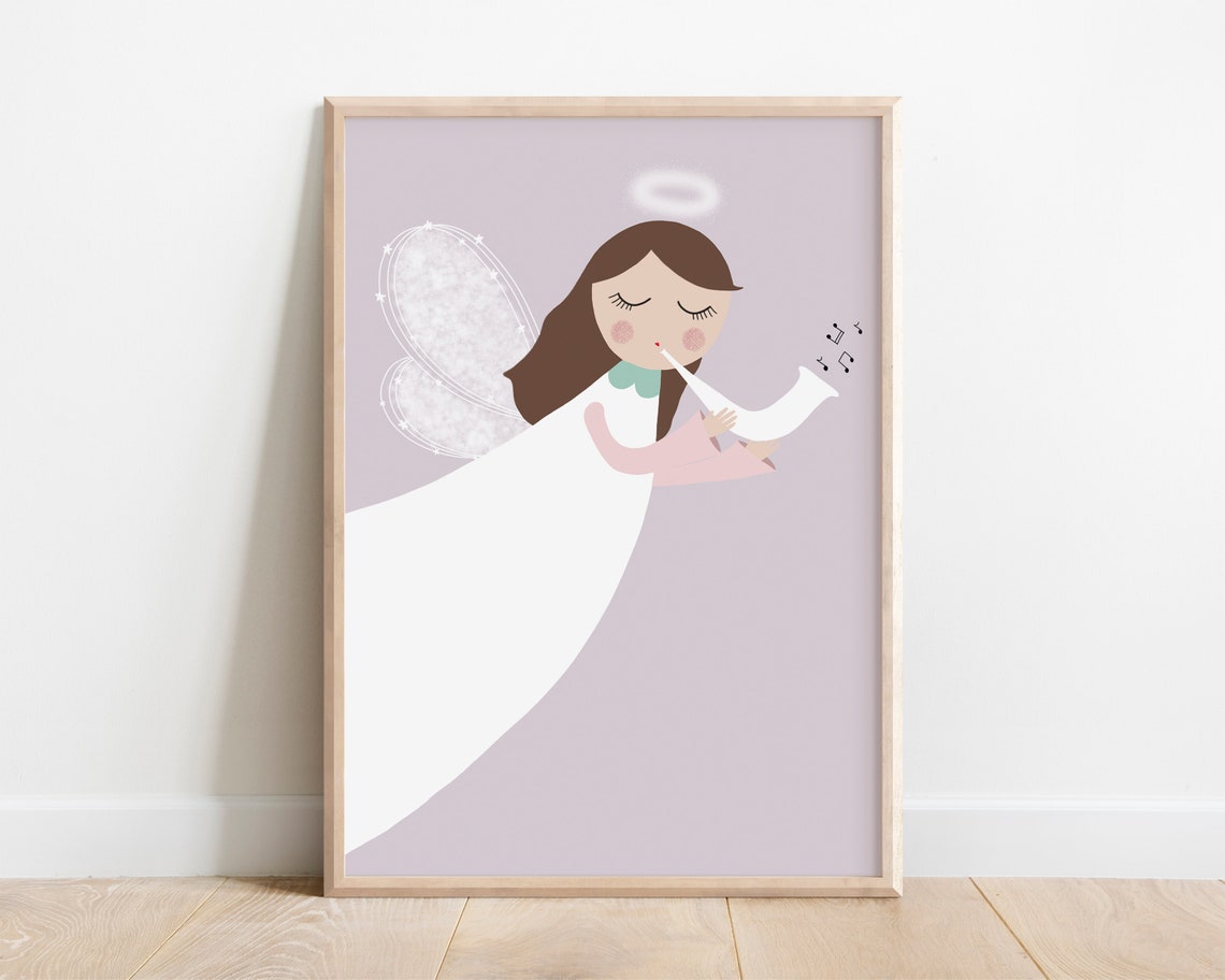 Angel Playing Horn Guardian Angel Nursery Kids Decor Wall Art
