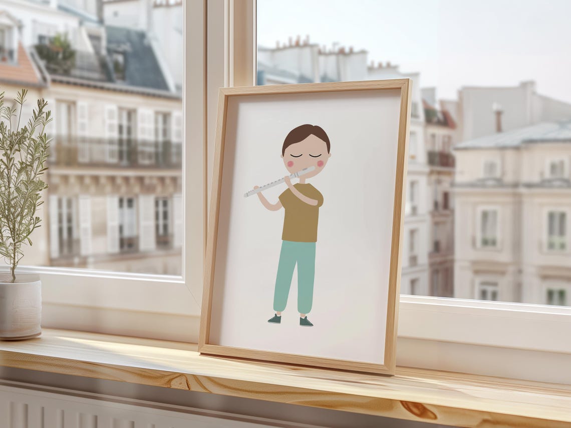 Cute Flute Player Boy Minimalist Kids Music Room Decor Art Print - Image 3
