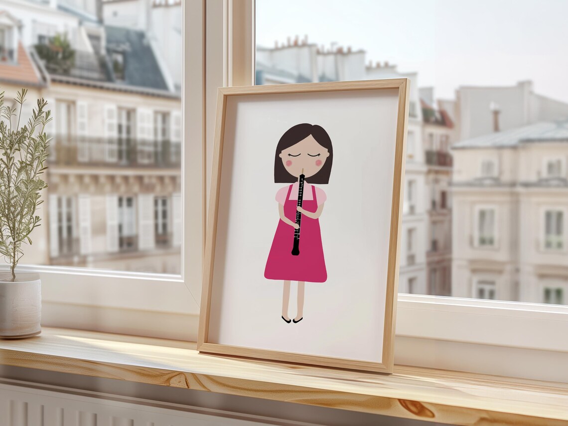 Girl Playing Black Oboe Magenta Dress Kids Music Instrument Art Poster - Image 3
