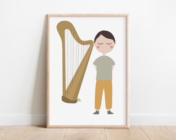 Cute Harp Player Boy Minimalist Kids Music Room Decor Art Print