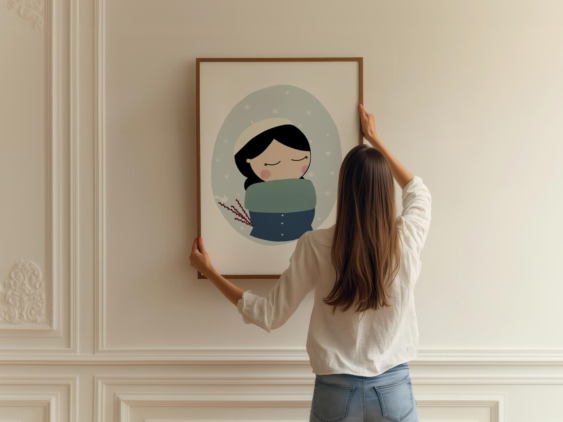 Winter Girl Beret Snowflake Cozy Blue Illustration Kids Room Art Print - Image 2
