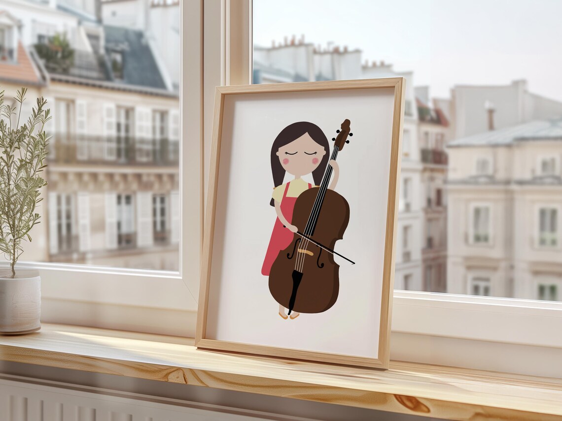 Girl Playing Double Bass Brown Instrument Kids Music Classroom Art Poster - Image 3