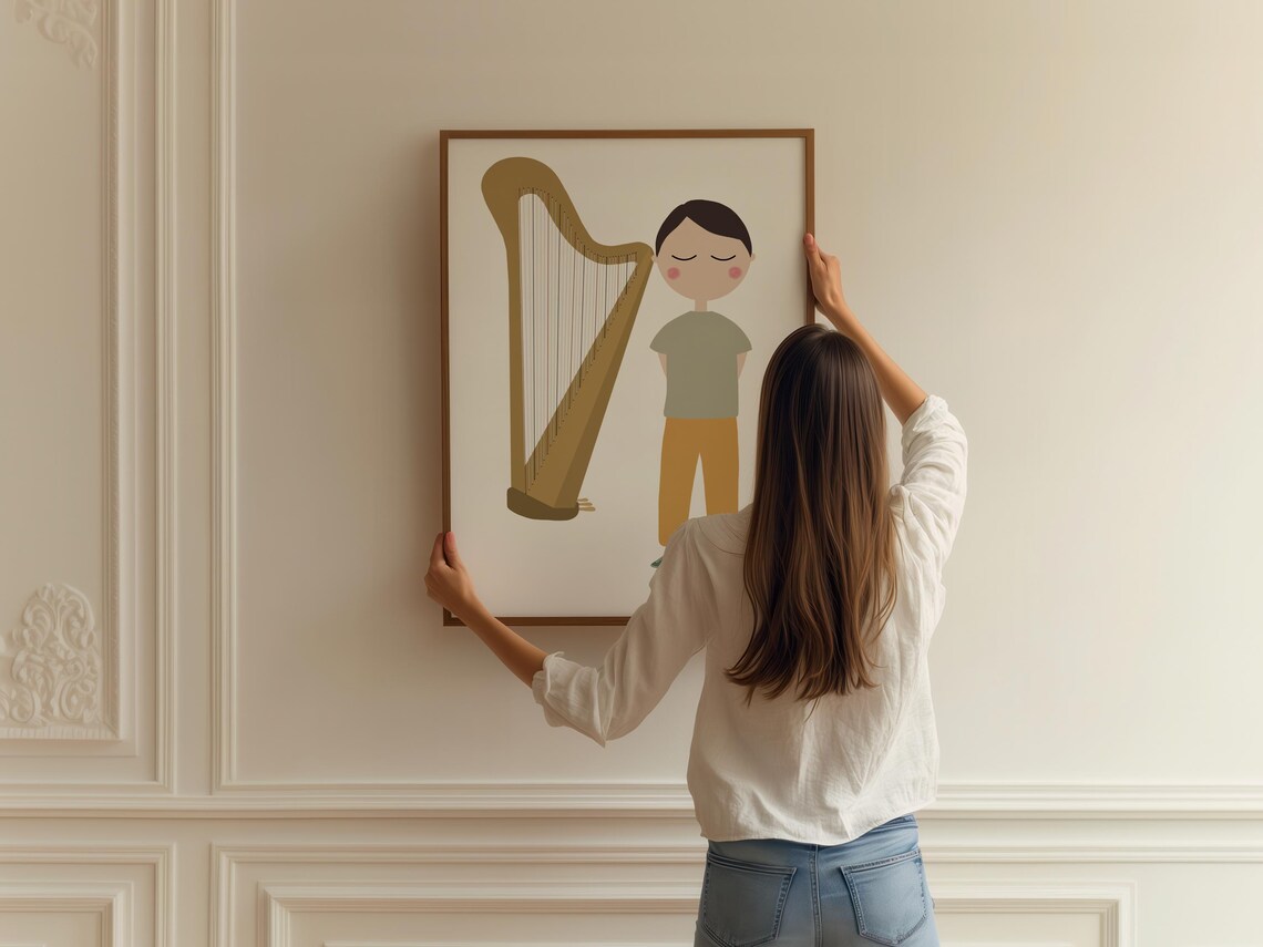 Cute Harp Player Boy Minimalist Kids Music Room Decor Art Print - Image 2
