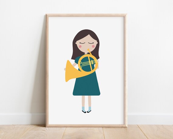 Girl Playing Golden French Horn Teal Dress Kids Music Instrument Poster