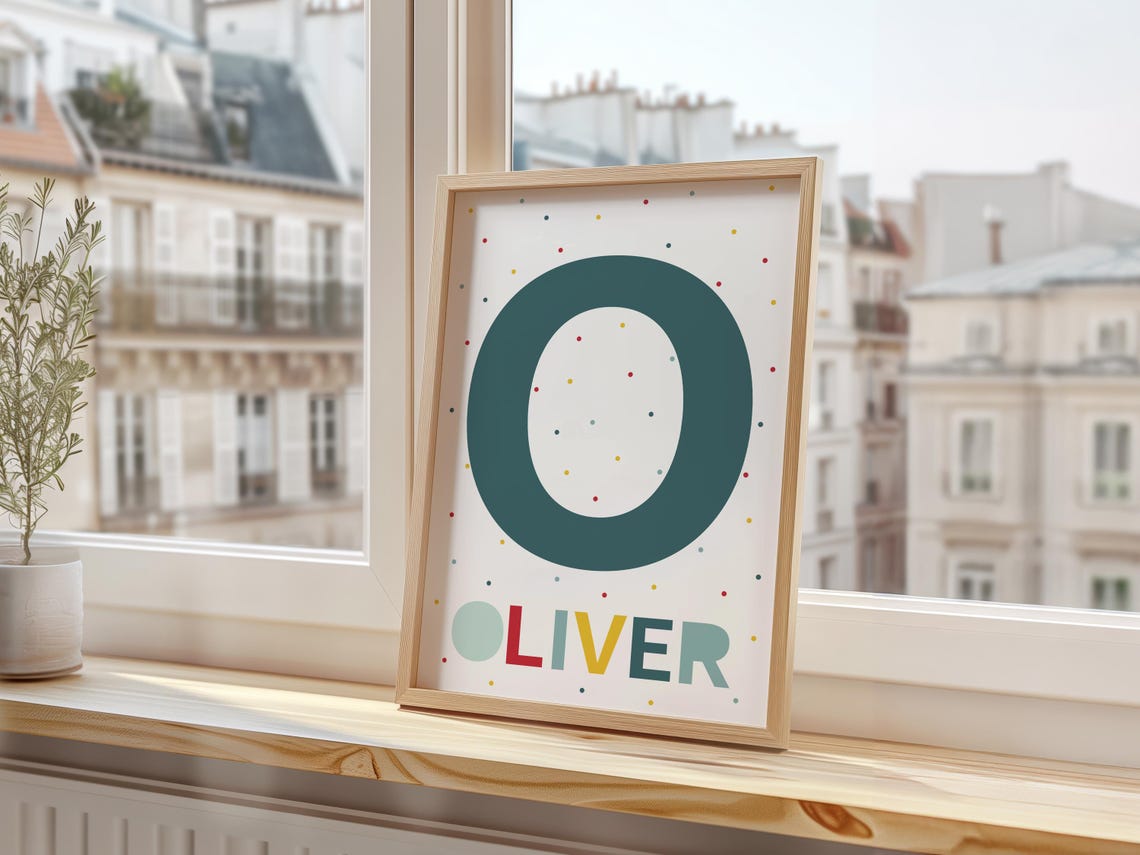 Oliver Personalized Boy Name Letter Teal Confetti Dots Nursery Poster - Image 3