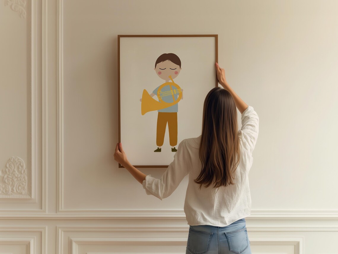 Boy Playing Golden French Horn Blue Shirt Kids Music Instrument Poster - Image 2