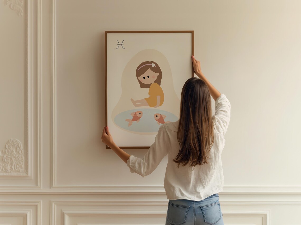 Pisces Zodiac Girl With Two Goldfish Cute Nursery Star Sign Print - Image 2