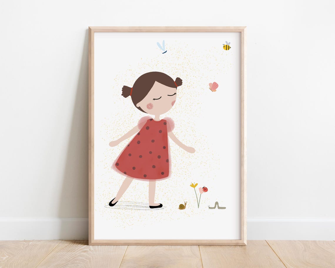 Ladybug Girl in Red Polka Dot Dress with Cute Bugs Spring Day Poster