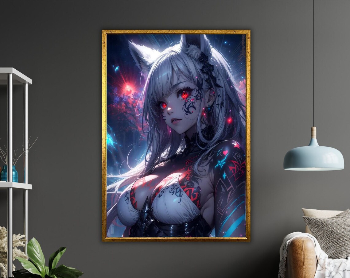 Digital Anime Cat Girl Silver Hair Red Eyes Cosmic Neon Art Poster