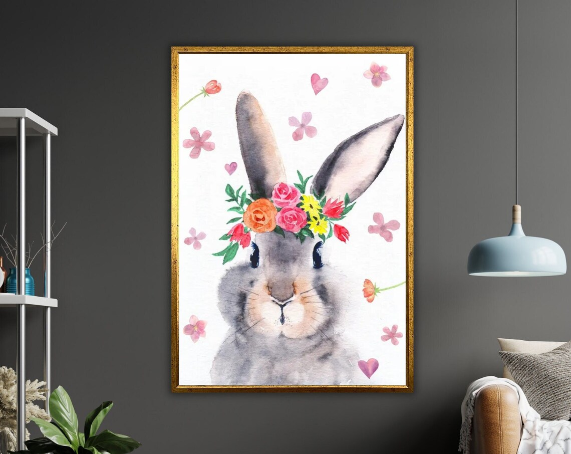 Bunny Rabbit With Flower Crown Watercolor Nursery Wall Art Print