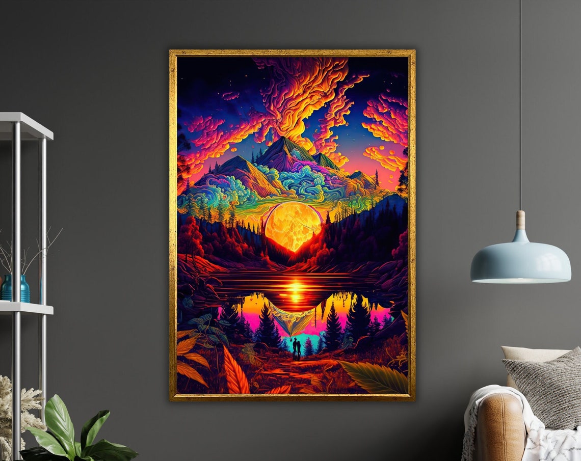 Psychedelic Sunset Mountain Lake Neon Clouds Surreal Nature Poster