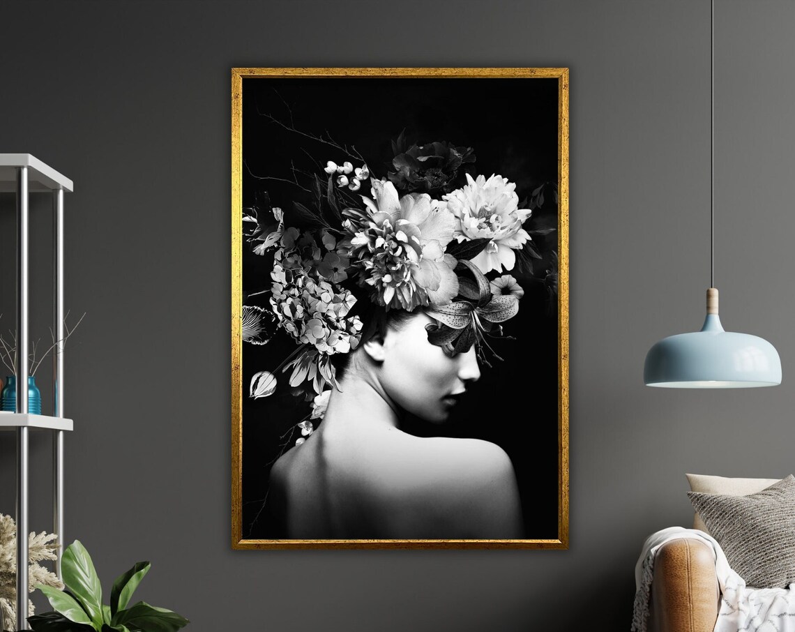 Black and White Woman Floral Headpiece Elegant Beauty Poster