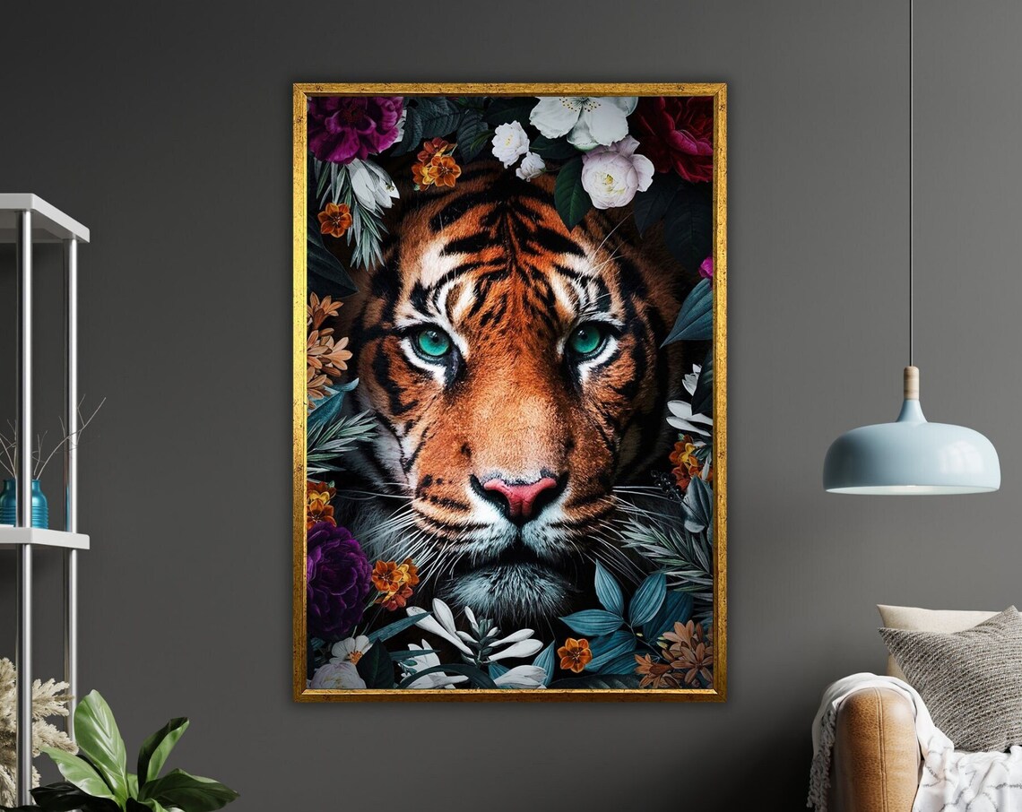 Tiger Face Close Up Floral Surround Green Eyes Wildlife Art Poster