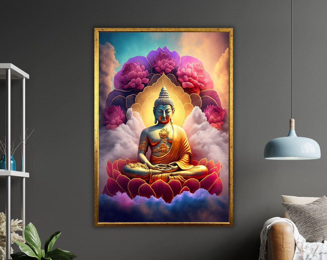 Golden Buddha Pink Lotus Clouds Radiant Spiritual Zen Art Poster