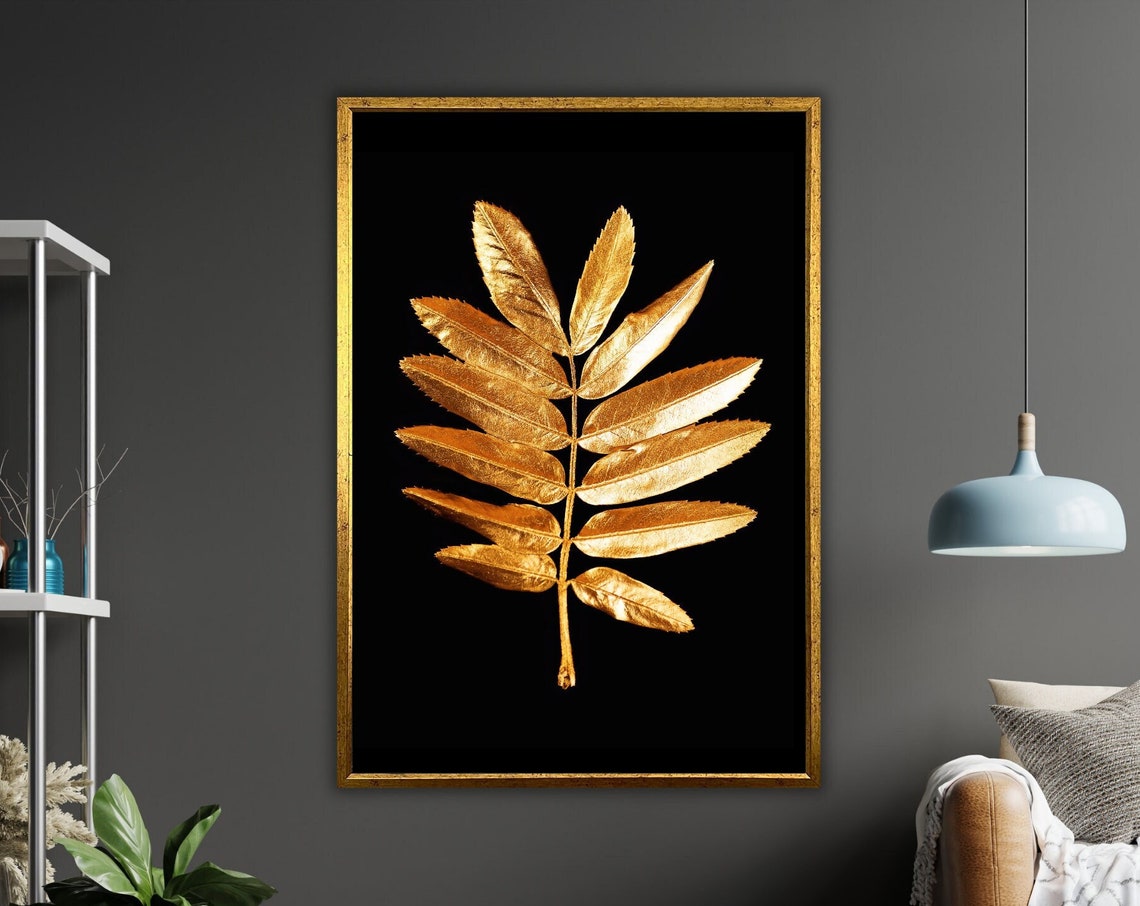 Golden Compound Leaf Black Background Elegant Botanical Poster