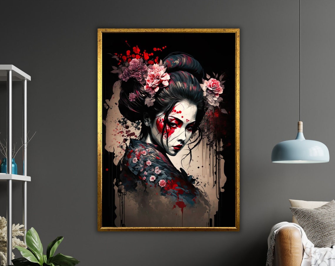 Japanese Geisha Ink Portrait Cherry Blossoms Red Black Wall Poster