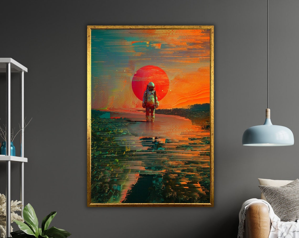 Astronaut Walking On Water Red Sunset Surreal Sci Fi Art Poster