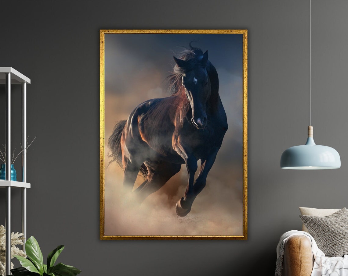 Dark Horse Galloping Through Dust Dramatic Equestrian Poster